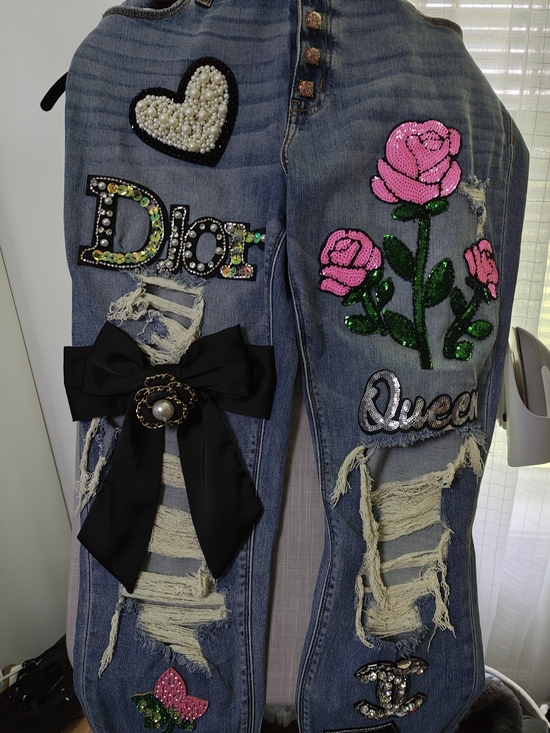 Denim - Embellished Blue Distressed Women’s Jeans with Pink Rose Applique